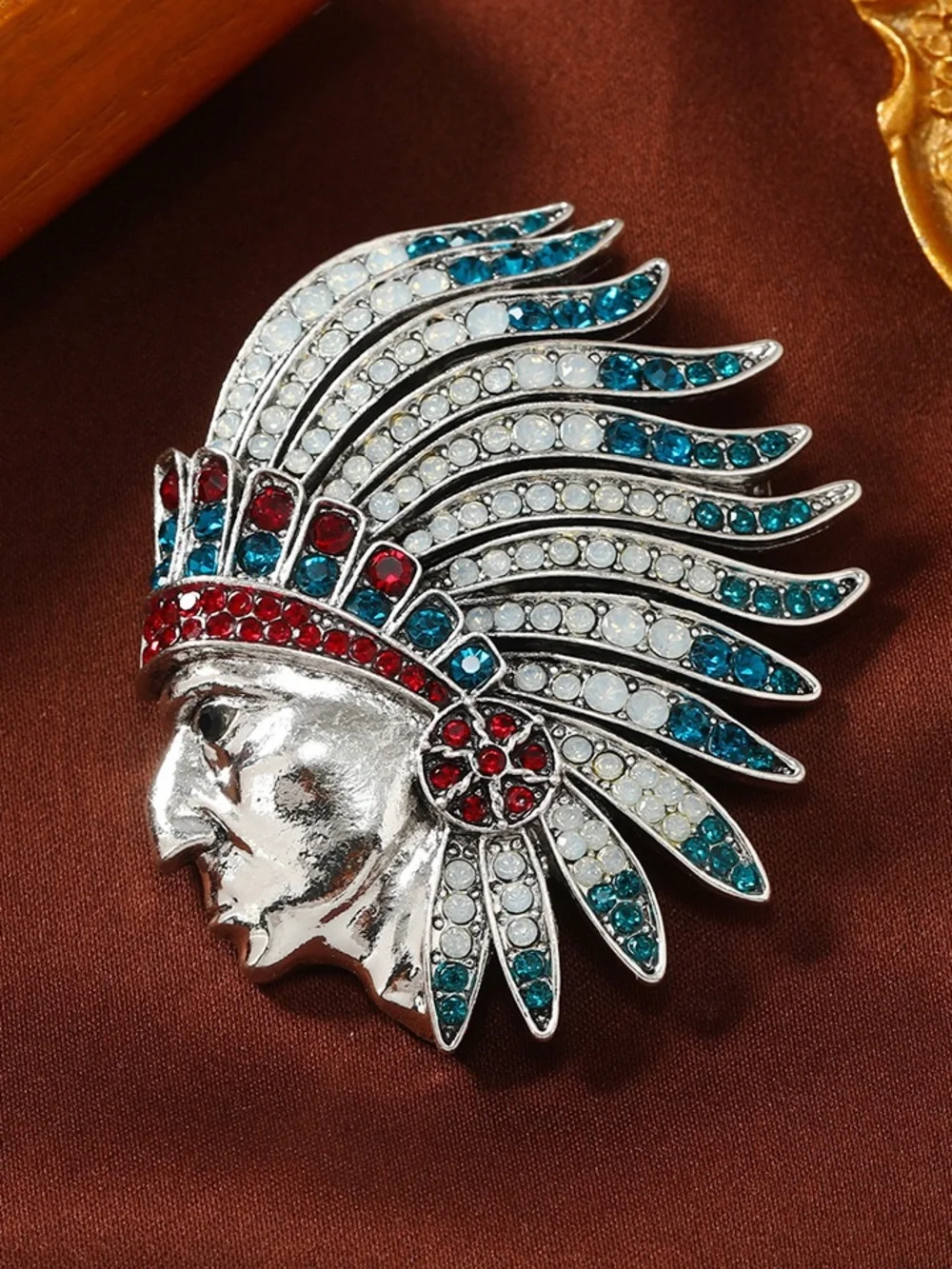 Silver Tone Native American Chief Headdress Brooch Red Blue White Rhinestone